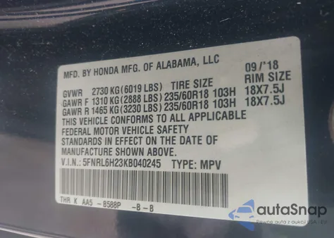 2019 Honda Odyssey Lx из США, поврежденный, VIN 5FNRL6H23KB040245